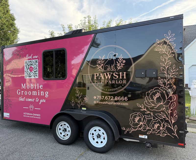 The Pawsh Pup Parlor custom grooming trailer that comes to homes across Chesapeake and Suffolk